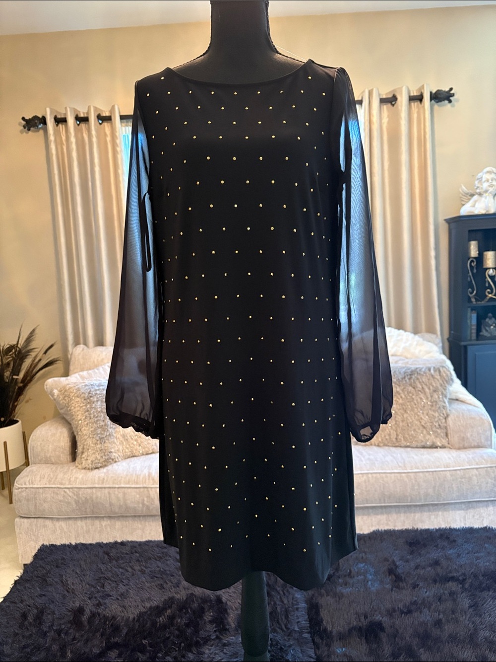 Black Sheer-Sleeve Dress with Gold Stud Detail